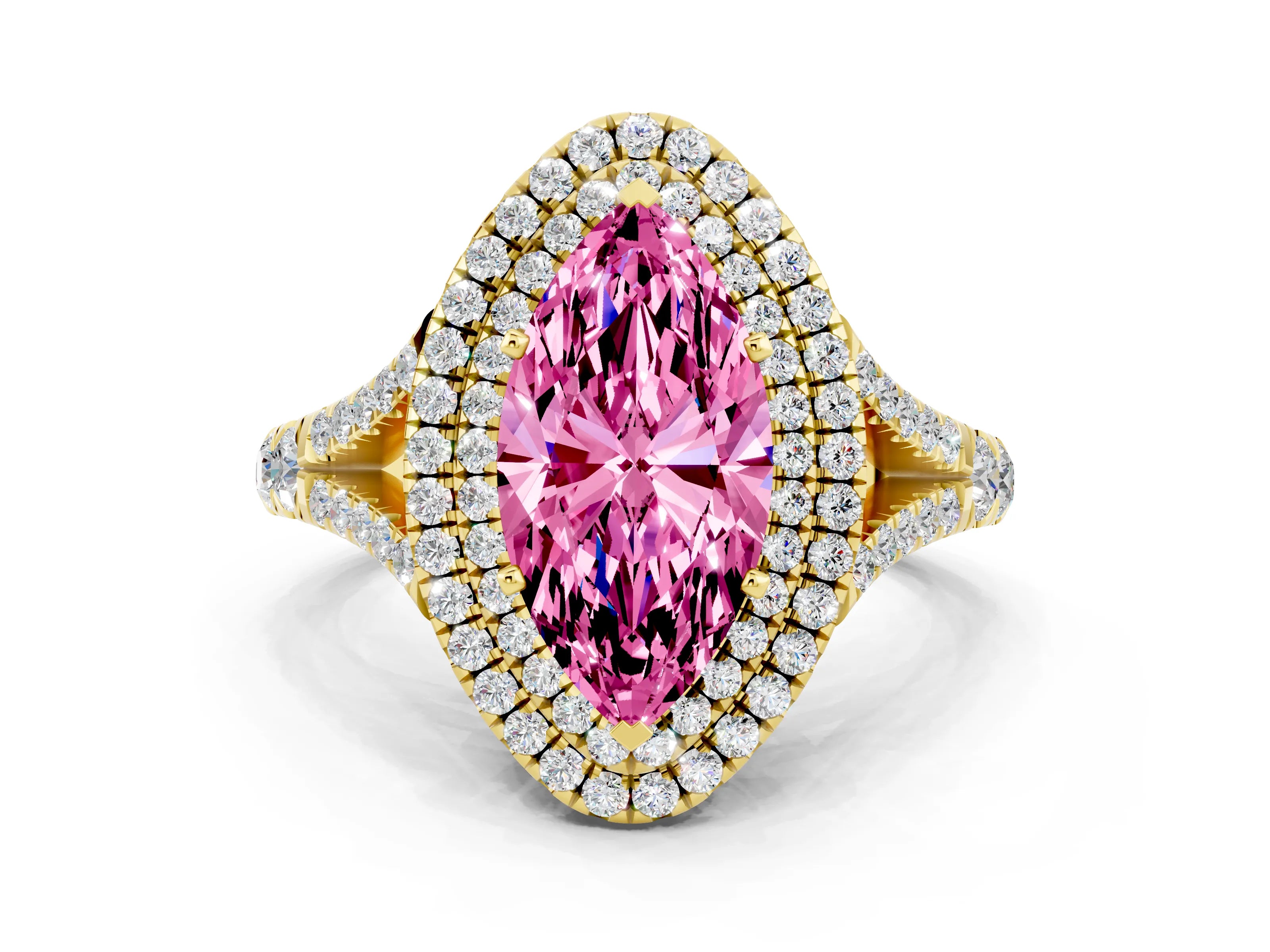 Yellow gold Marquise Cut Pink Sapphire Double Halo Ring with Split Shank and Prong Setting_12