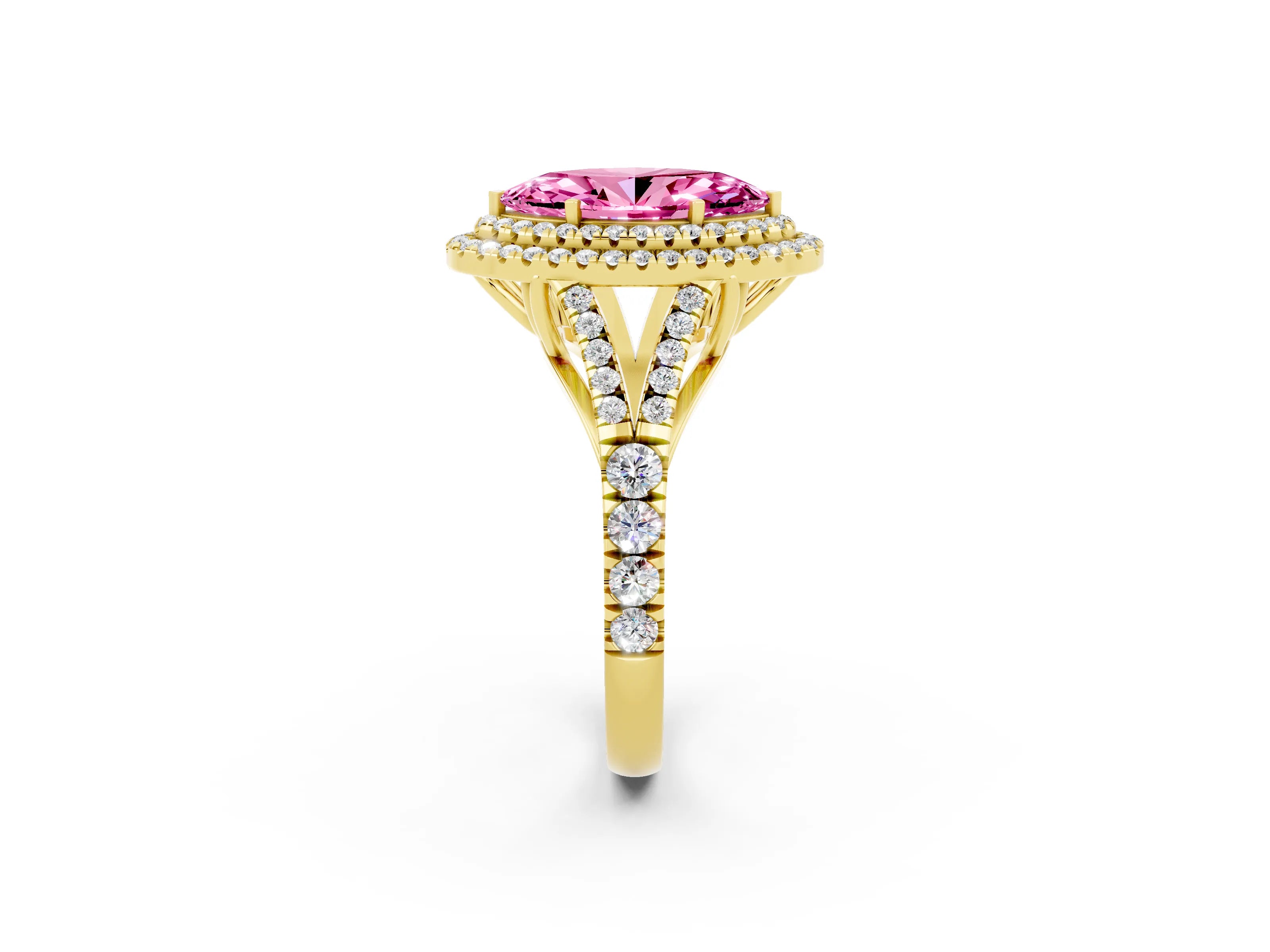 Yellow gold Marquise Cut Pink Sapphire Double Halo Ring with Split Shank and Prong Setting_14