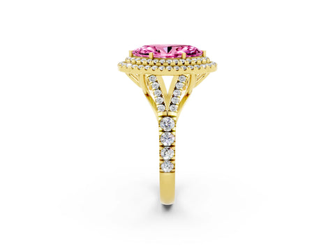 Yellow gold Marquise Cut Pink Sapphire Double Halo Ring with Split Shank and Prong Setting_14