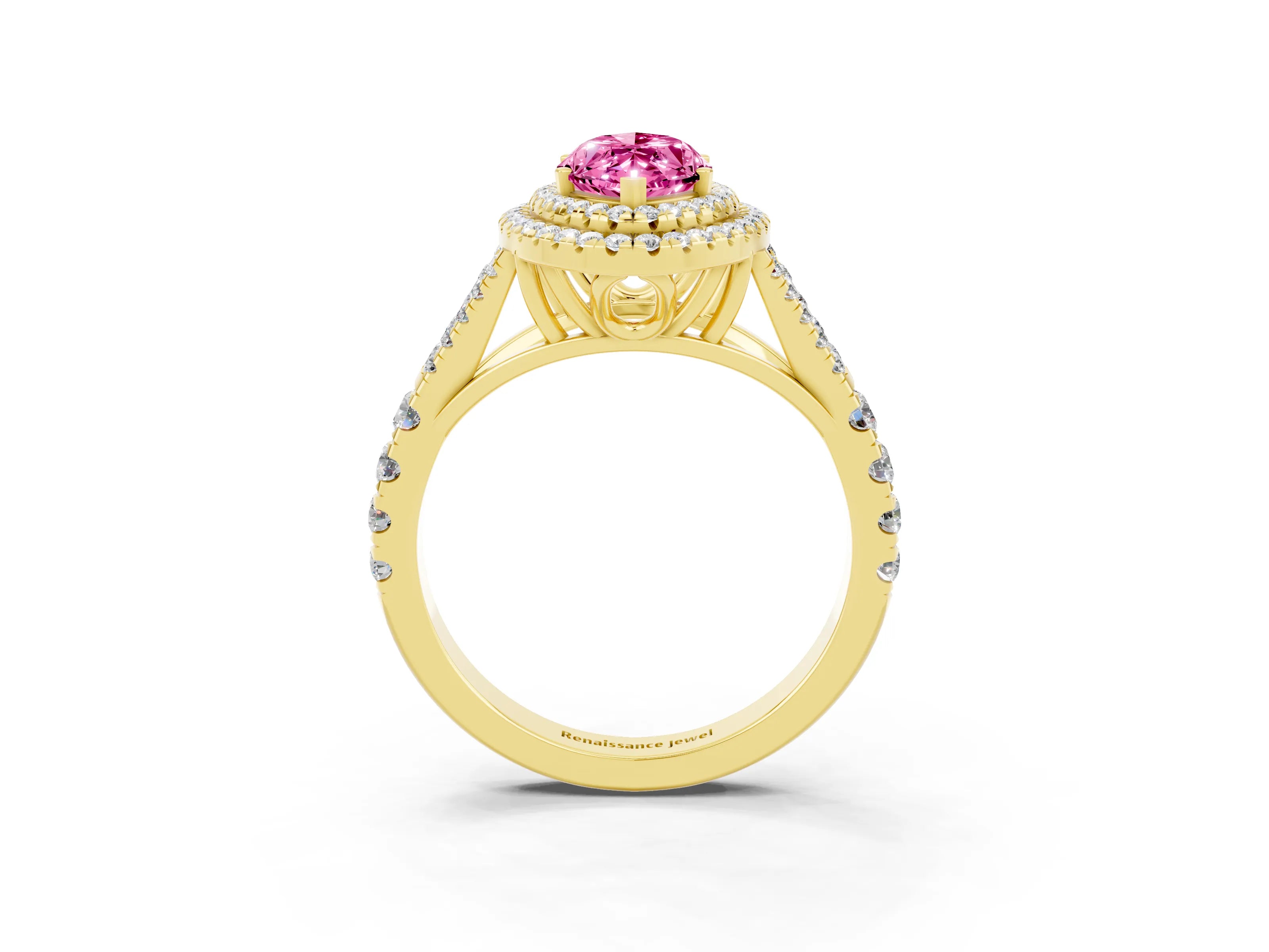 Yellow gold Marquise Cut Pink Sapphire Double Halo Ring with Split Shank and Prong Setting_15