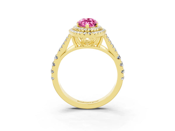 Yellow gold Marquise Cut Pink Sapphire Double Halo Ring with Split Shank and Prong Setting