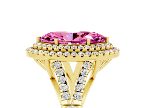 Yellow gold Marquise Cut Pink Sapphire Double Halo Ring with Split Shank and Prong Setting_17