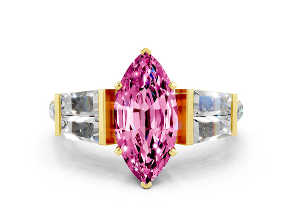 Yellow gold Marquise Cut Pink Sapphire Engagement Ring with Baguette Side Stones and Channel Set Band