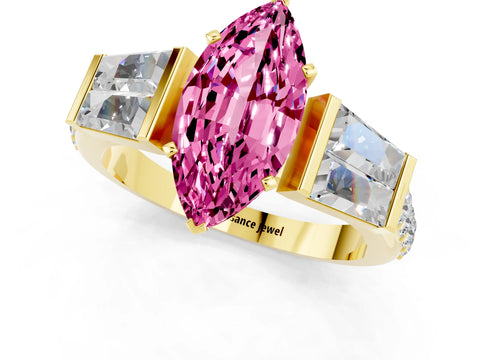 Yellow gold Marquise Cut Pink Sapphire Engagement Ring with Baguette Side Stones and Channel Set Band_1