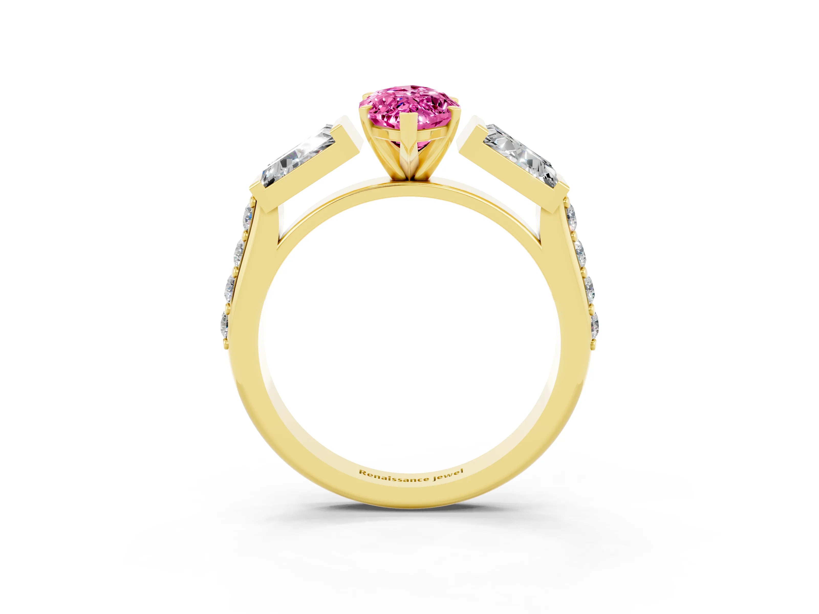 Yellow gold Marquise Cut Pink Sapphire Engagement Ring with Baguette Side Stones and Channel Set Band_3