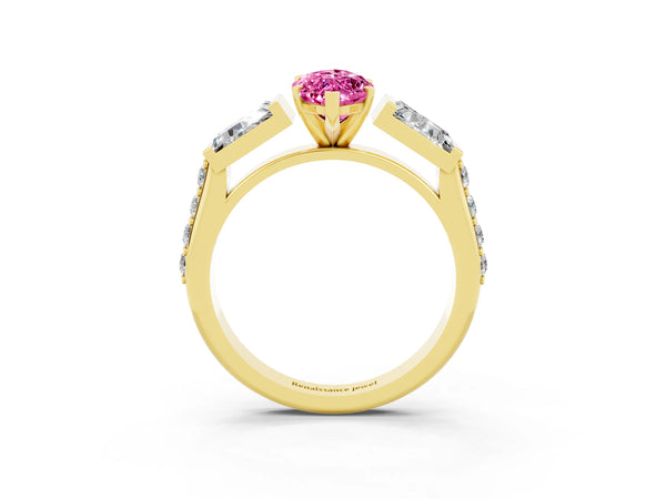 Yellow gold Marquise Cut Pink Sapphire Engagement Ring with Baguette Side Stones and Channel Set Band