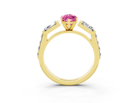 Yellow gold Marquise Cut Pink Sapphire Engagement Ring with Baguette Side Stones and Channel Set Band_3
