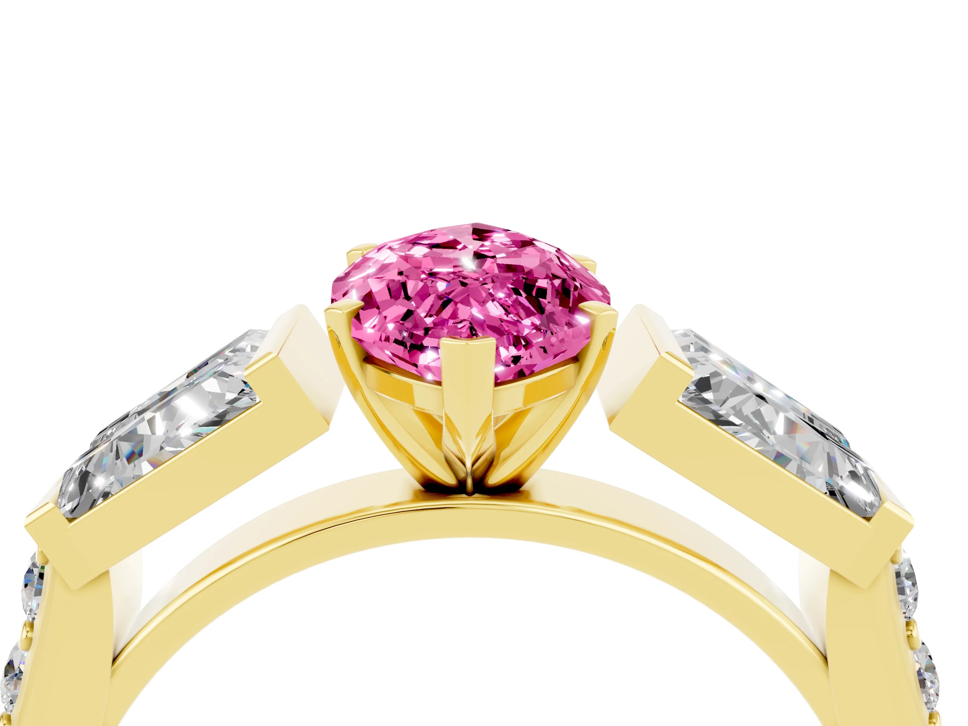Yellow gold Marquise Cut Pink Sapphire Engagement Ring with Baguette Side Stones and Channel Set Band_4
