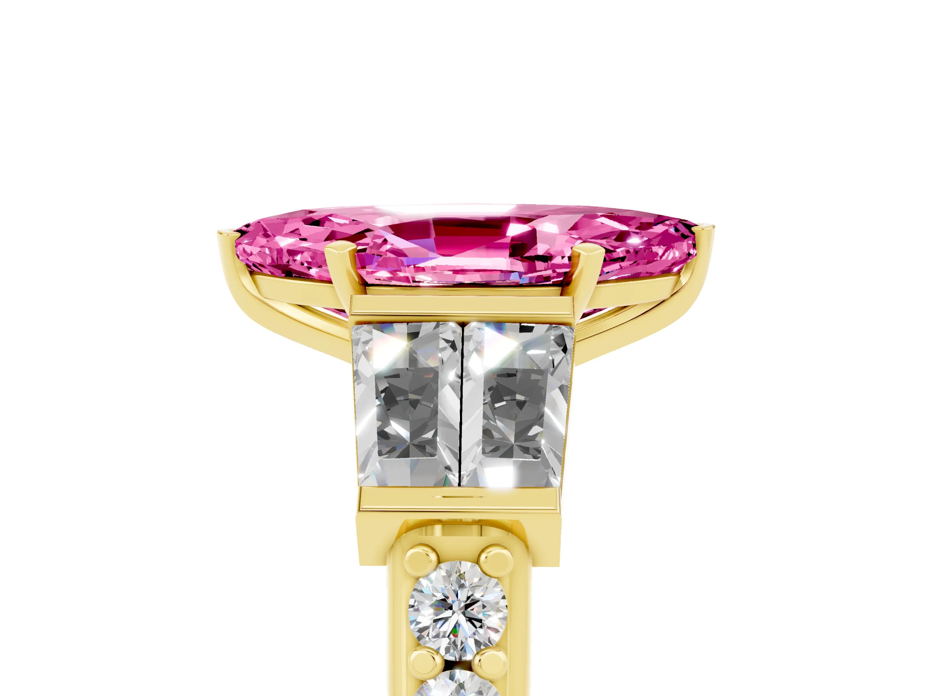 Yellow gold Marquise Cut Pink Sapphire Engagement Ring with Baguette Side Stones and Channel Set Band_5