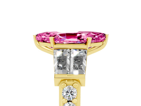 Yellow gold Marquise Cut Pink Sapphire Engagement Ring with Baguette Side Stones and Channel Set Band_5