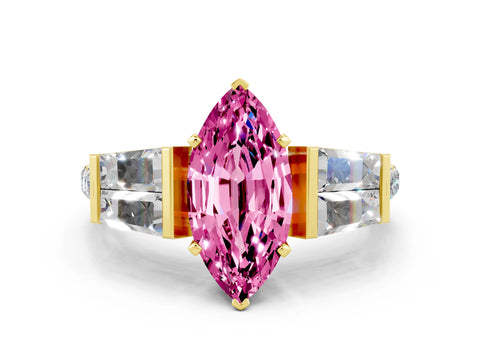 Yellow gold Marquise Cut Pink Sapphire Engagement Ring with Baguette Side Stones and Channel Set Band