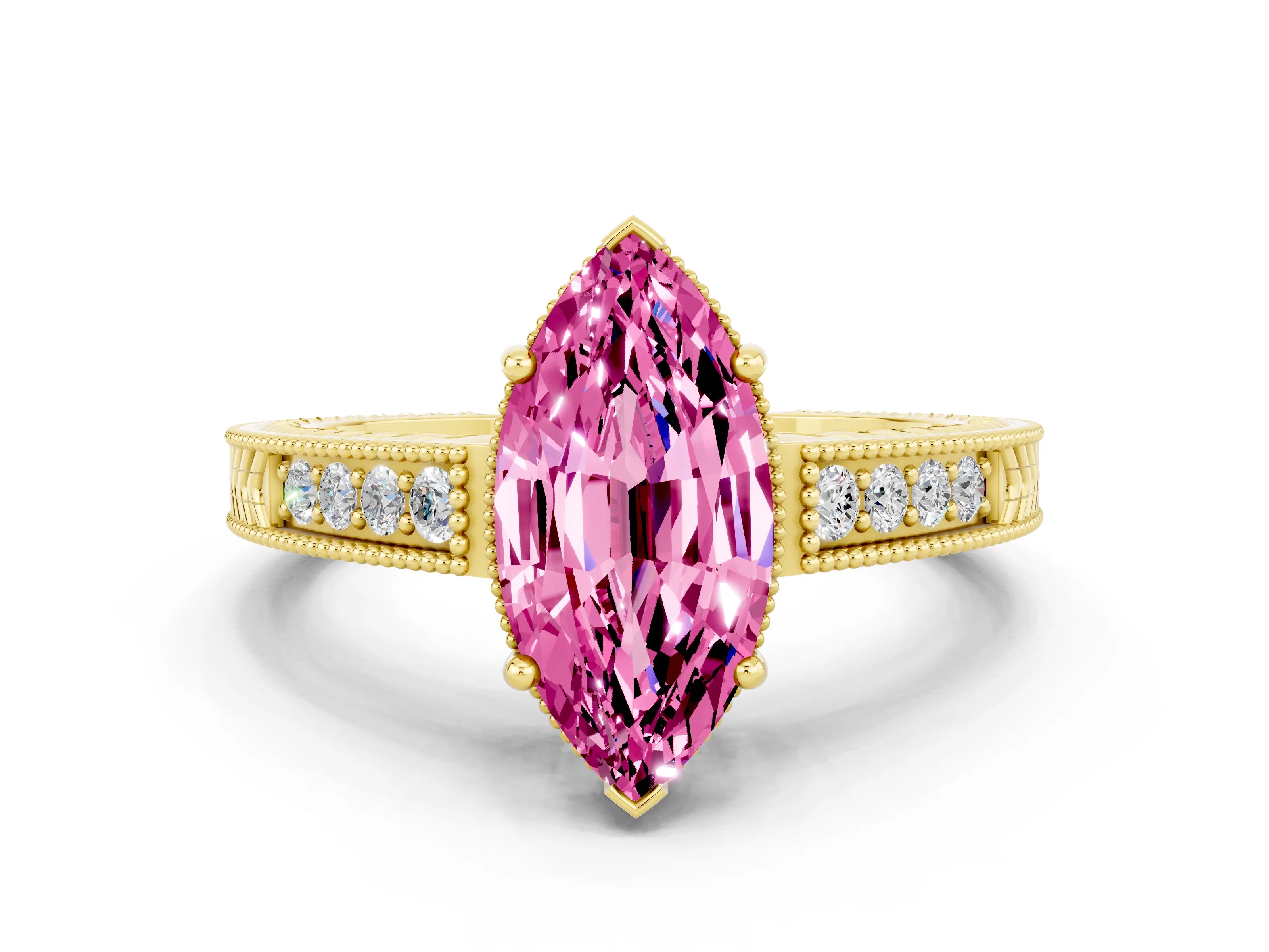 Yellow gold Marquise Cut Pink Sapphire Engagement Ring with Milgrain Channel Set Band and Prong Setting_24