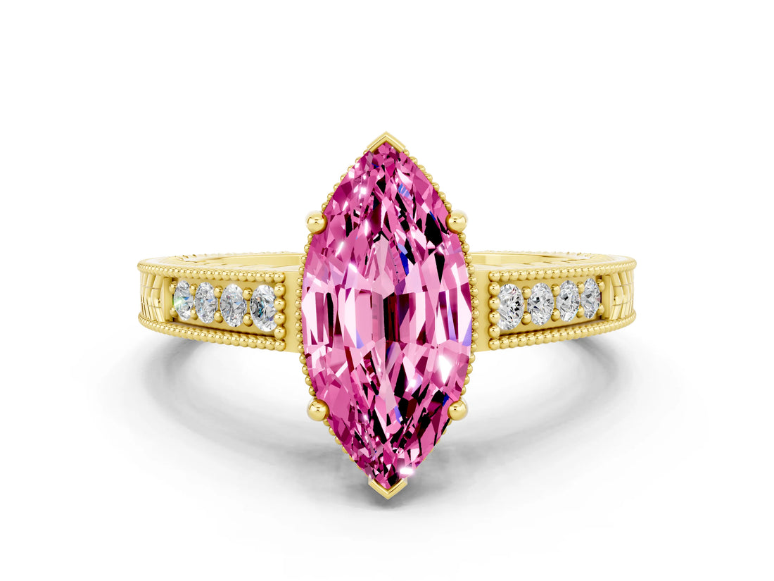Yellow gold Marquise Cut Pink Sapphire Engagement Ring with Milgrain Channel Set Band and Prong Setting_24