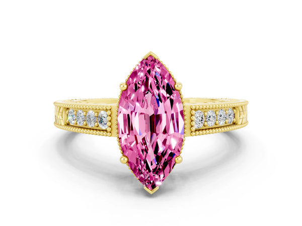 Yellow gold Marquise Cut Pink Sapphire Engagement Ring with Milgrain Channel Set Band and Prong Setting