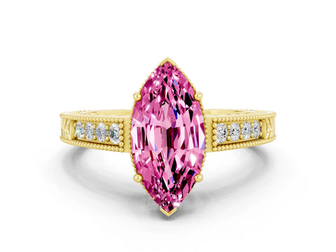 Yellow gold Marquise Cut Pink Sapphire Engagement Ring with Milgrain Channel Set Band and Prong Setting_24