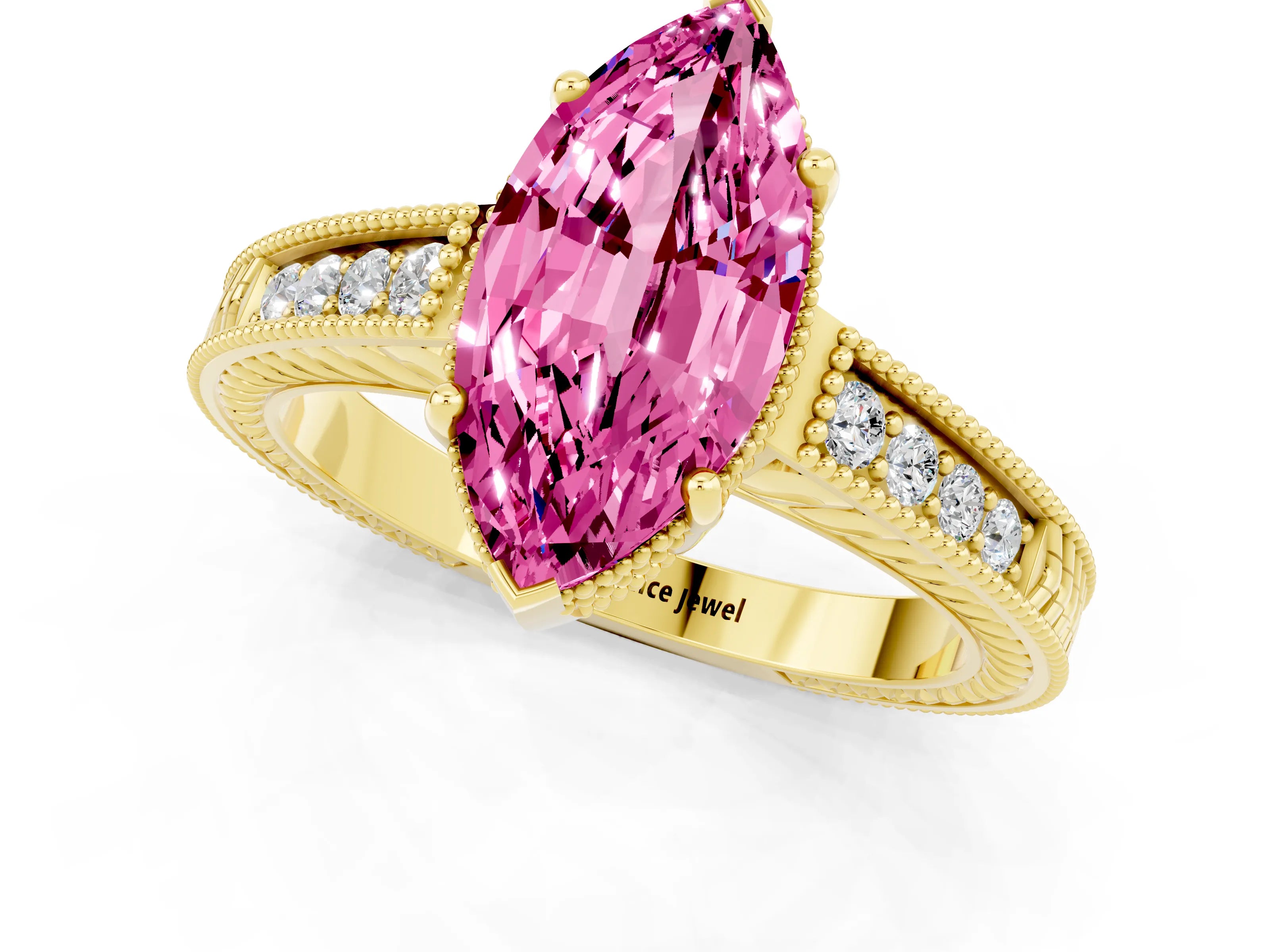 Yellow gold Marquise Cut Pink Sapphire Engagement Ring with Milgrain Channel Set Band and Prong Setting_25