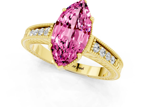 Yellow gold Marquise Cut Pink Sapphire Engagement Ring with Milgrain Channel Set Band and Prong Setting