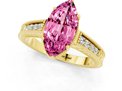 Yellow gold Marquise Cut Pink Sapphire Engagement Ring with Milgrain Channel Set Band and Prong Setting_25