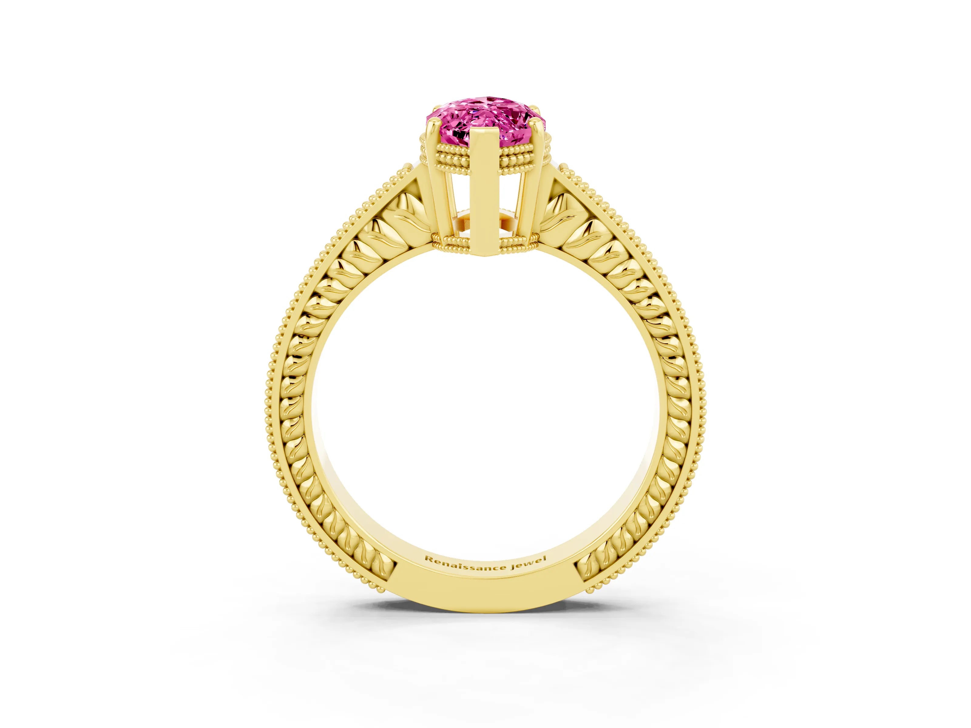 Yellow gold Marquise Cut Pink Sapphire Engagement Ring with Milgrain Channel Set Band and Prong Setting_27