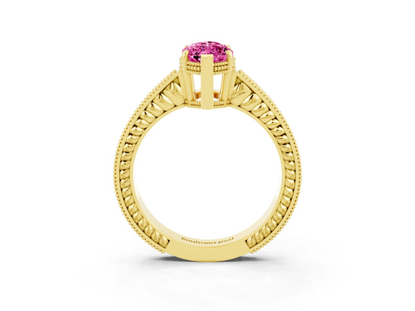 Yellow gold Marquise Cut Pink Sapphire Engagement Ring with Milgrain Channel Set Band and Prong Setting