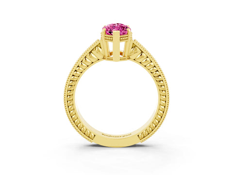 Yellow gold Marquise Cut Pink Sapphire Engagement Ring with Milgrain Channel Set Band and Prong Setting_27
