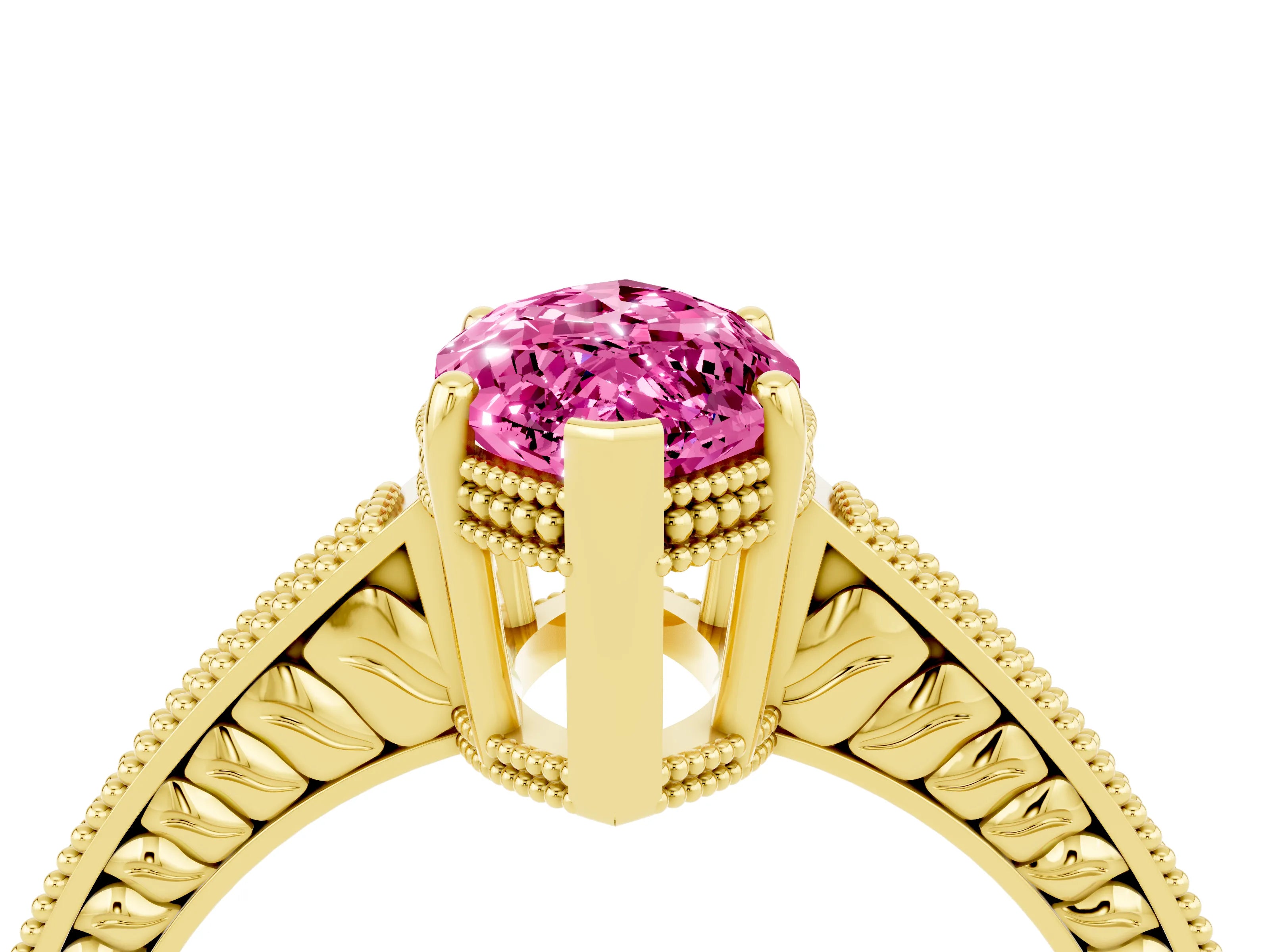 Yellow gold Marquise Cut Pink Sapphire Engagement Ring with Milgrain Channel Set Band and Prong Setting_28
