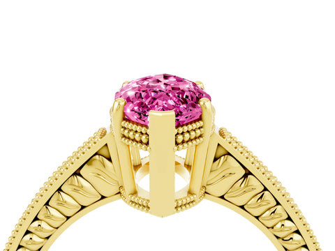 Yellow gold Marquise Cut Pink Sapphire Engagement Ring with Milgrain Channel Set Band and Prong Setting_28