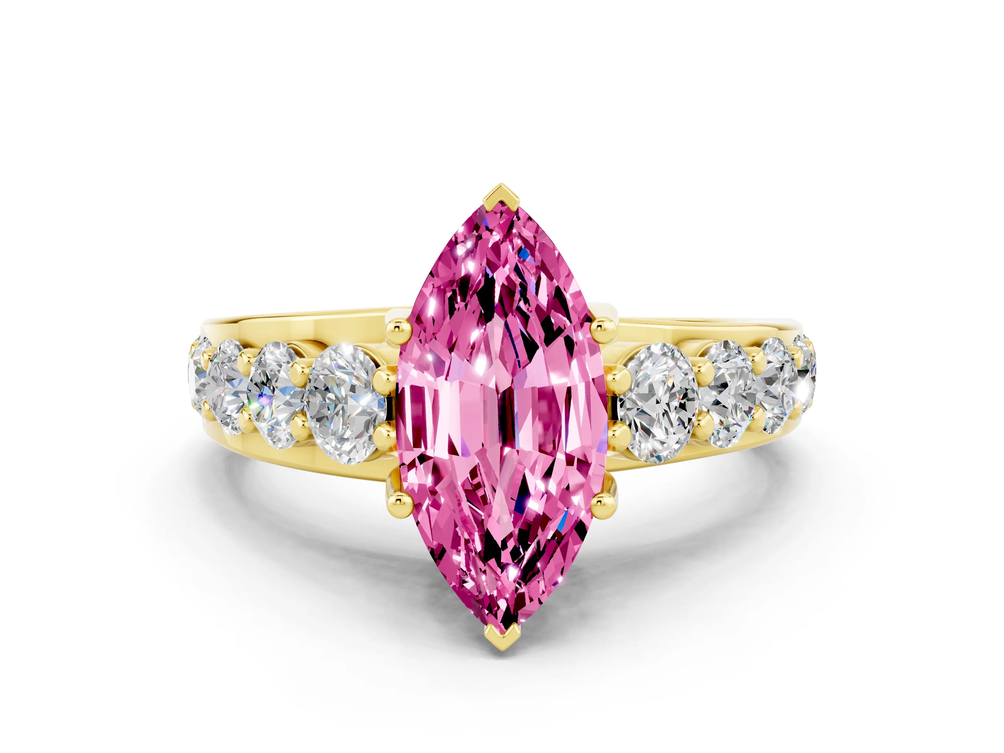 Yellow gold Marquise Cut Pink Sapphire Engagement Ring with Pavé Band and Four-Prong Setting