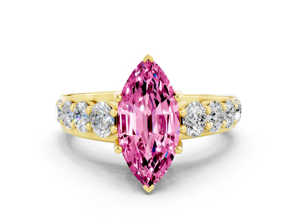Yellow gold Marquise Cut Pink Sapphire Engagement Ring with Pavé Band and Four-Prong Setting