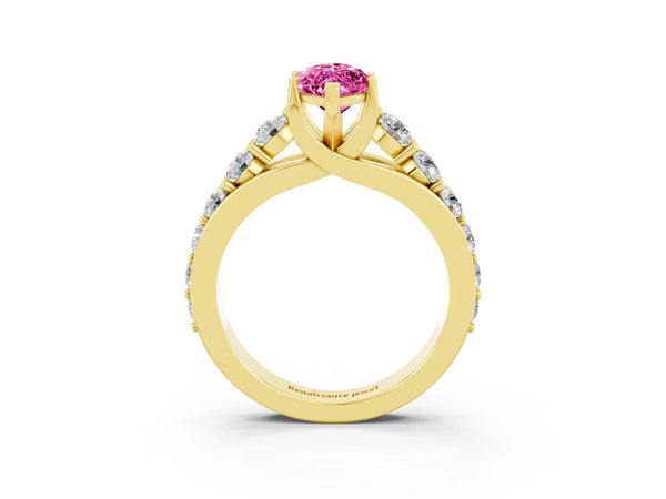 Yellow gold Marquise Cut Pink Sapphire Engagement Ring with Pavé Band and Four-Prong Setting