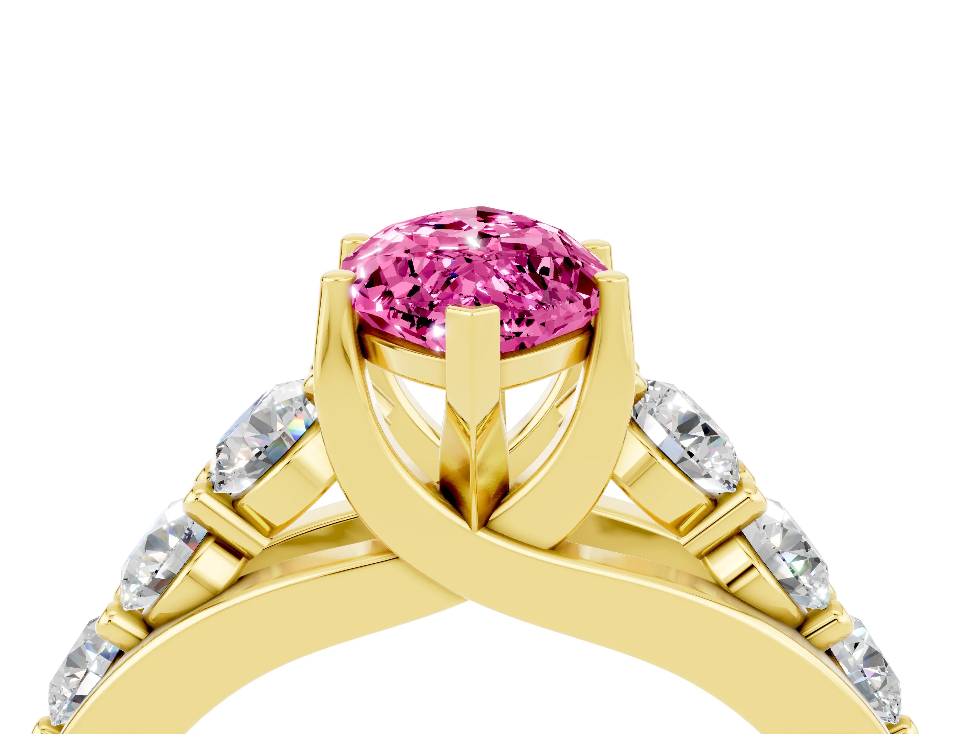 Yellow gold Marquise Cut Pink Sapphire Engagement Ring with Pavé Band and Four-Prong Setting_4