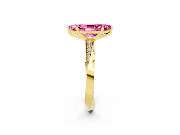 Yellow gold Marquise Cut Pink Sapphire Engagement Ring with Side Stone Accents and Four-Prong Setting