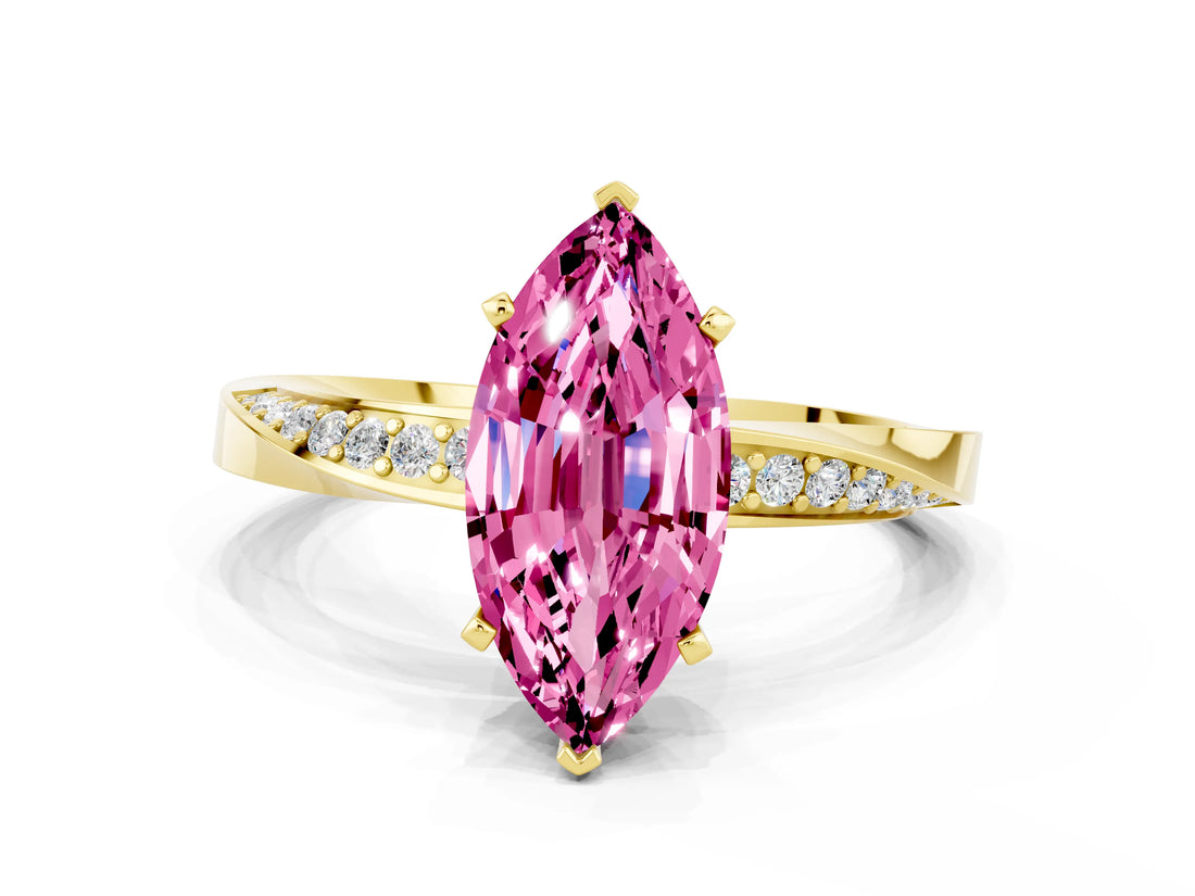 Yellow gold Marquise Cut Pink Sapphire Engagement Ring with Side Stone Accents and Four-Prong Setting_60