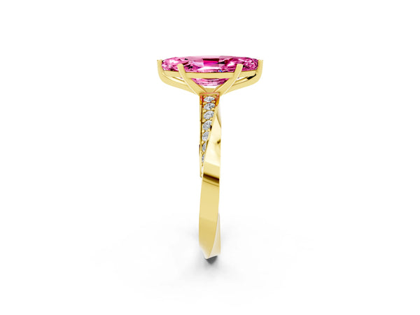 Yellow gold Marquise Cut Pink Sapphire Engagement Ring with Side Stone Accents and Four-Prong Setting