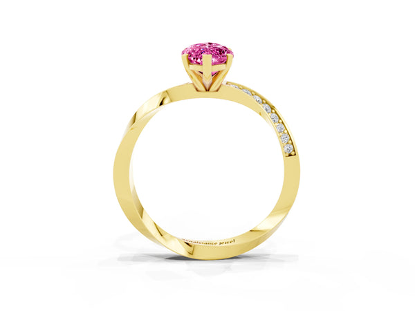 Yellow gold Marquise Cut Pink Sapphire Engagement Ring with Side Stone Accents and Four-Prong Setting