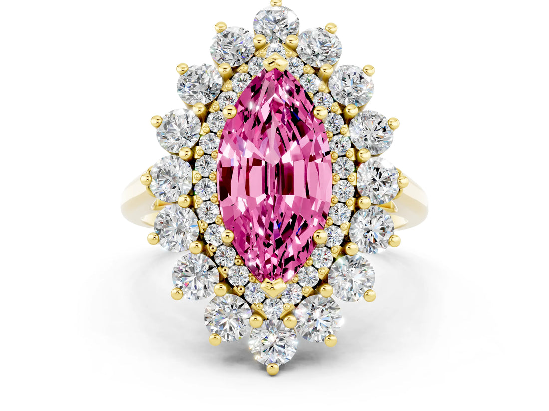 Yellow gold Marquise Cut Pink Sapphire Floral Double Halo Engagement Ring with Prong Setting_96