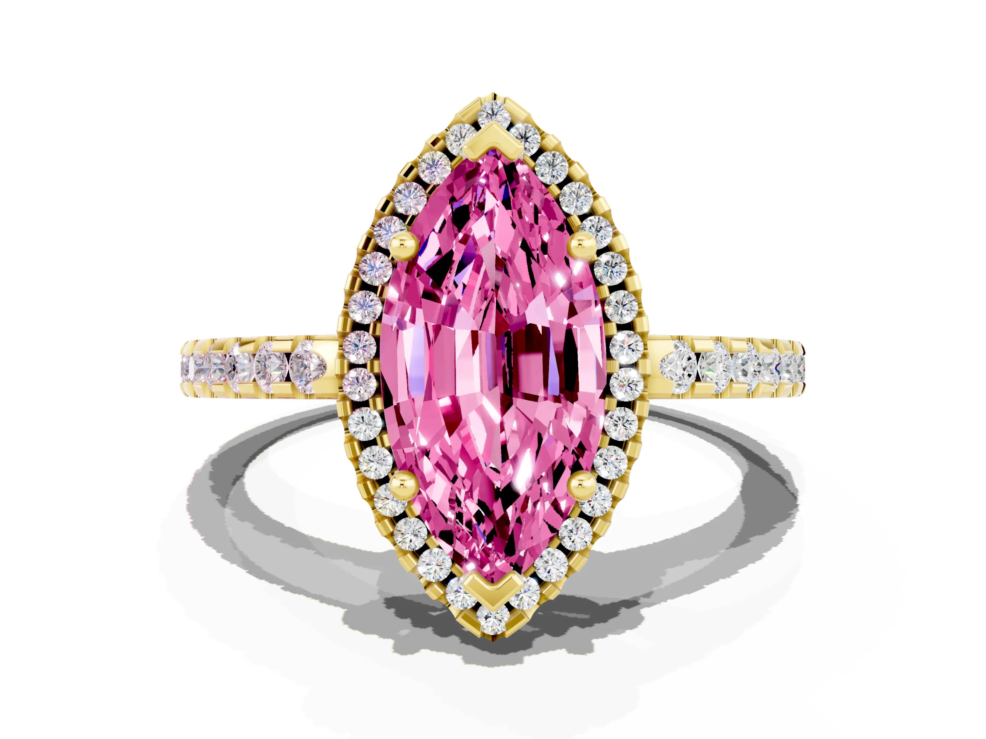 Yellow gold Marquise Cut Pink Sapphire Halo Engagement Ring with Pavé Band and Prong Setting_12