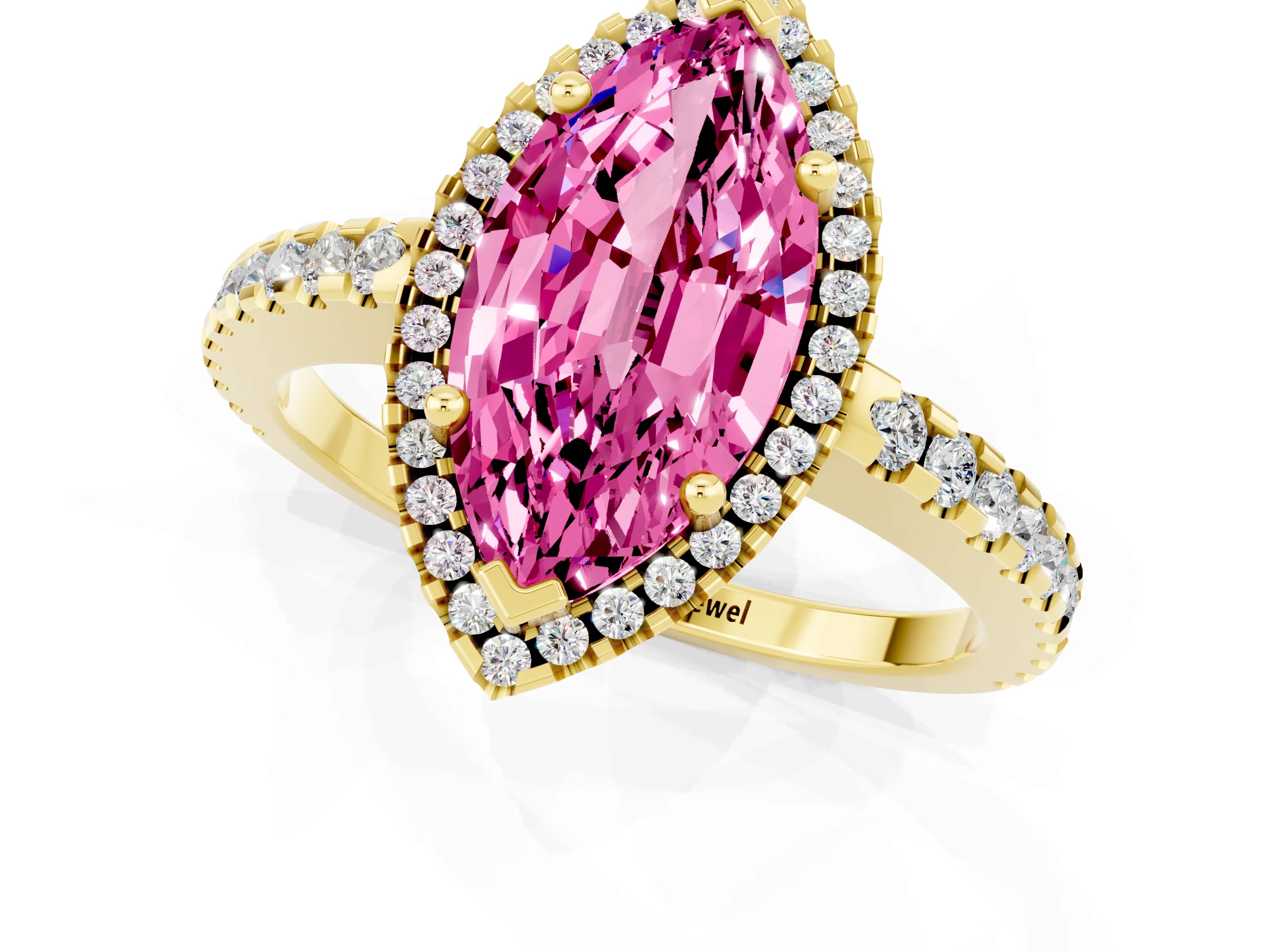 Yellow gold Marquise Cut Pink Sapphire Halo Engagement Ring with Pavé Band and Prong Setting_13