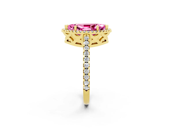 Yellow gold Marquise Cut Pink Sapphire Halo Engagement Ring with Pavé Band and Prong Setting