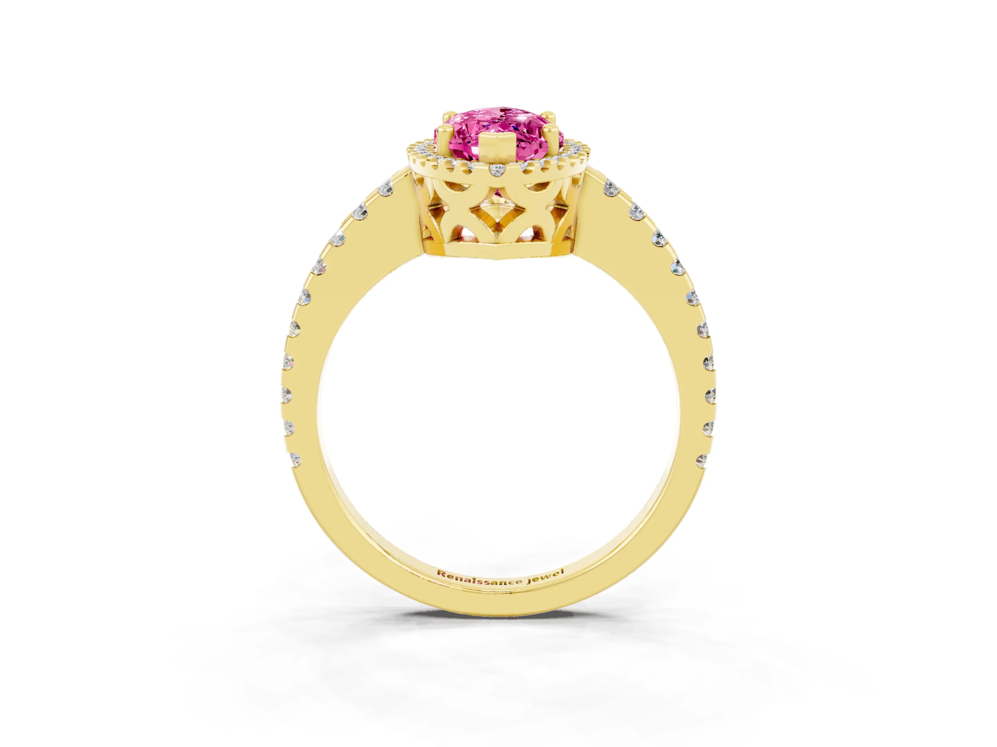 Yellow gold Marquise Cut Pink Sapphire Halo Engagement Ring with Pavé Band and Prong Setting_15