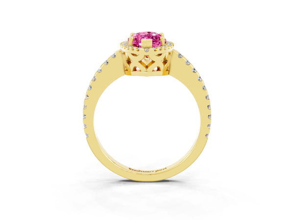 Yellow gold Marquise Cut Pink Sapphire Halo Engagement Ring with Pavé Band and Prong Setting