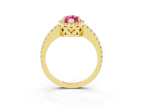 Yellow gold Marquise Cut Pink Sapphire Halo Engagement Ring with Pavé Band and Prong Setting_15