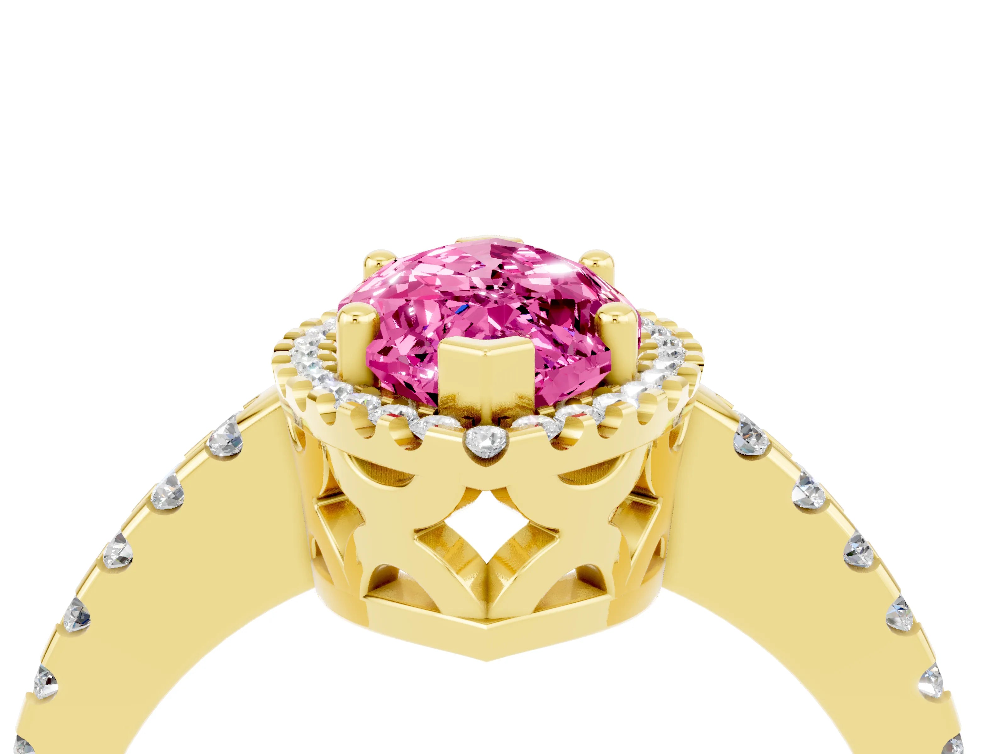 Yellow gold Marquise Cut Pink Sapphire Halo Engagement Ring with Pavé Band and Prong Setting_16