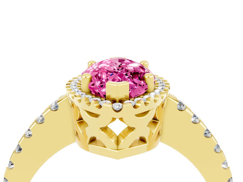 Yellow gold Marquise Cut Pink Sapphire Halo Engagement Ring with Pavé Band and Prong Setting_16