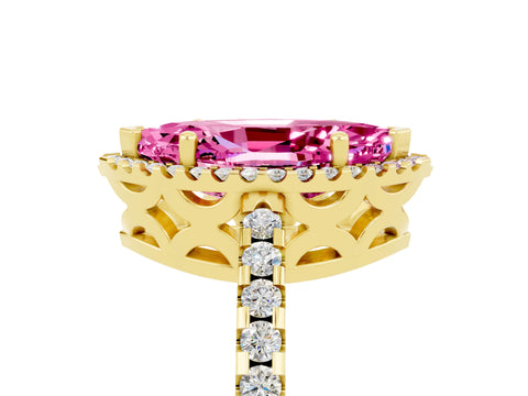 Yellow gold Marquise Cut Pink Sapphire Halo Engagement Ring with Pavé Band and Prong Setting_17