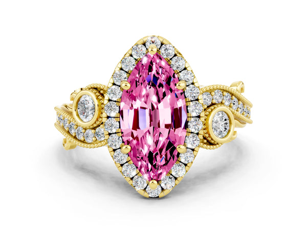 Yellow gold Marquise Cut Pink Sapphire Halo Ring with Milgrain Pavé Band and Four-Prong Setting