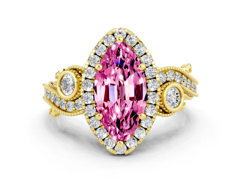 Yellow gold Marquise Cut Pink Sapphire Halo Ring with Milgrain Pavé Band and Four-Prong Setting_12