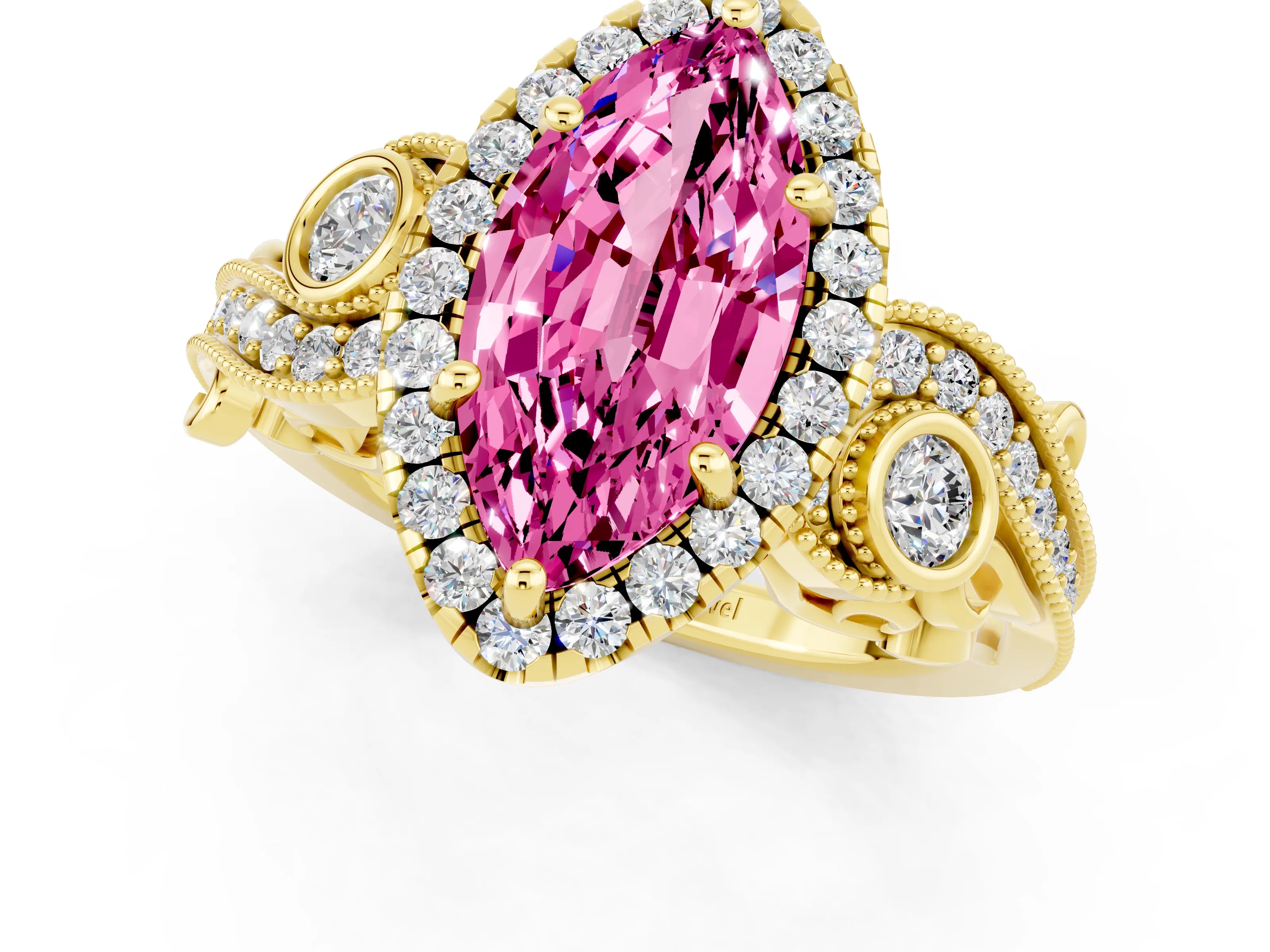 Yellow gold Marquise Cut Pink Sapphire Halo Ring with Milgrain Pavé Band and Four-Prong Setting_13