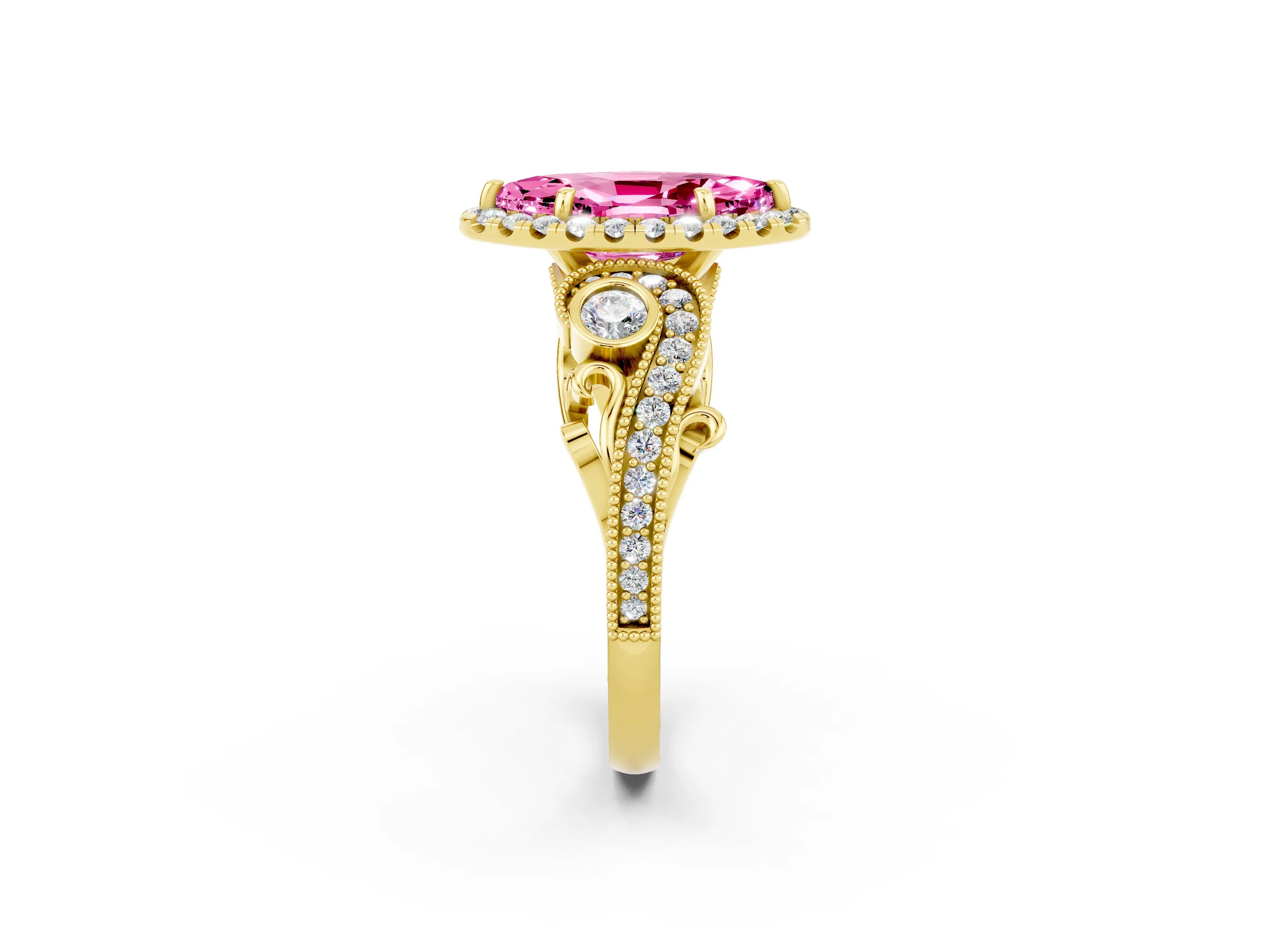 Yellow gold Marquise Cut Pink Sapphire Halo Ring with Milgrain Pavé Band and Four-Prong Setting_14