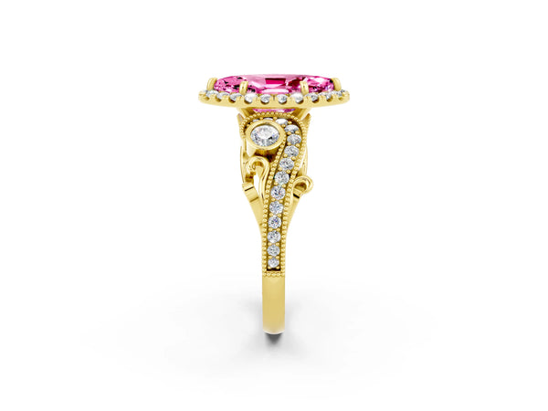 Yellow gold Marquise Cut Pink Sapphire Halo Ring with Milgrain Pavé Band and Four-Prong Setting